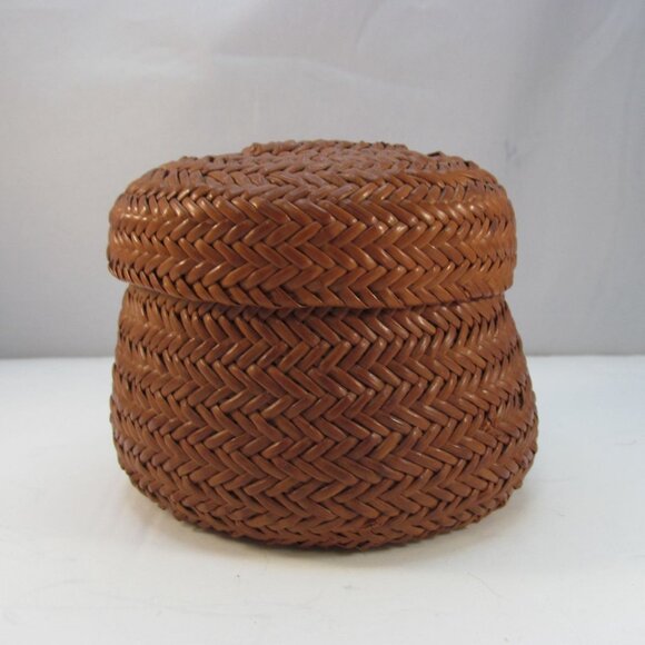Hand Woven Miniature Brown Basket with Lid - Picture 1 of 14
